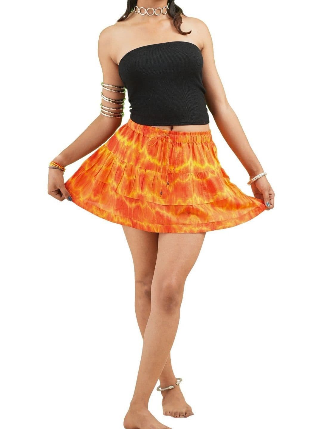 Nufab Women Pure Cotton Cotton Cambric Tie and Dye Mini Tiered Skirt thumbnail 2