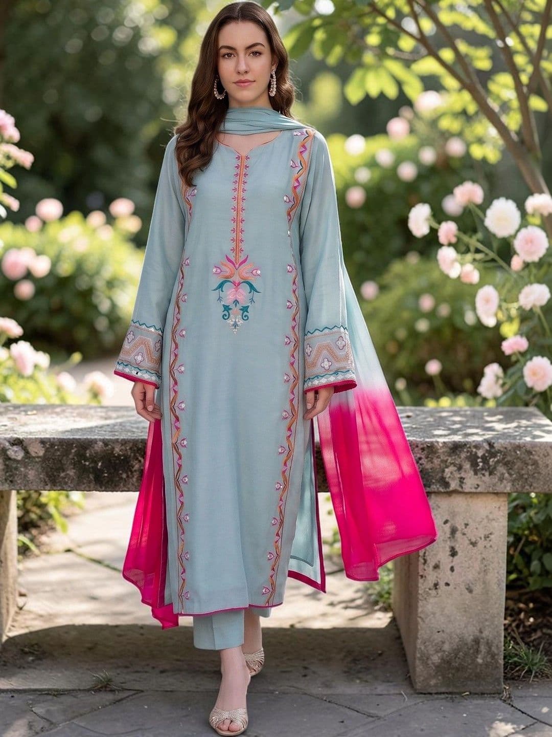 ASPORA Women Embroidered Thread Work Silk Crepe Kurta with Trousers & Dupatta - view 1