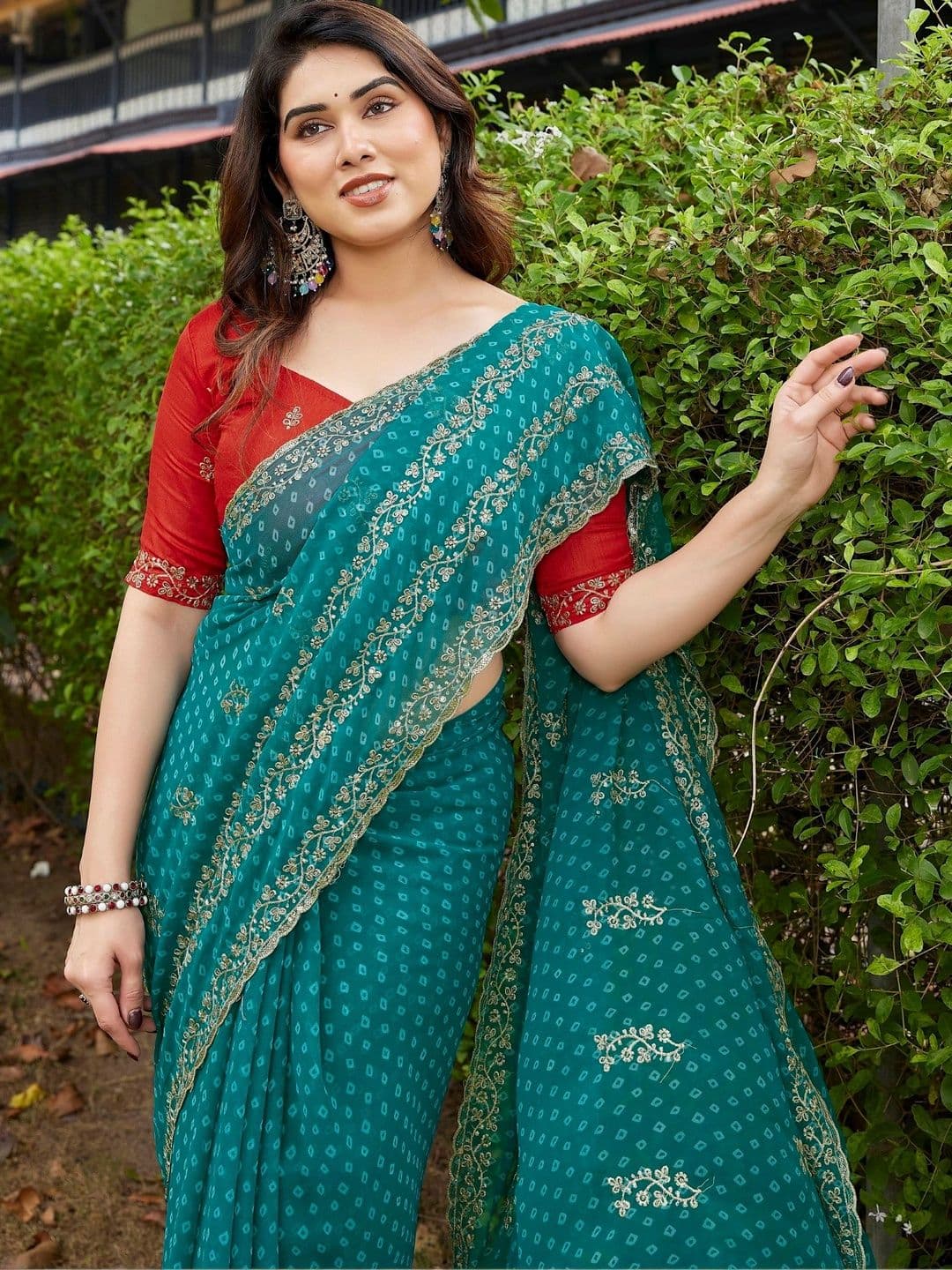 Mitera Bandhani Embroidered Pure Georgette Designer Saree thumbnail 6