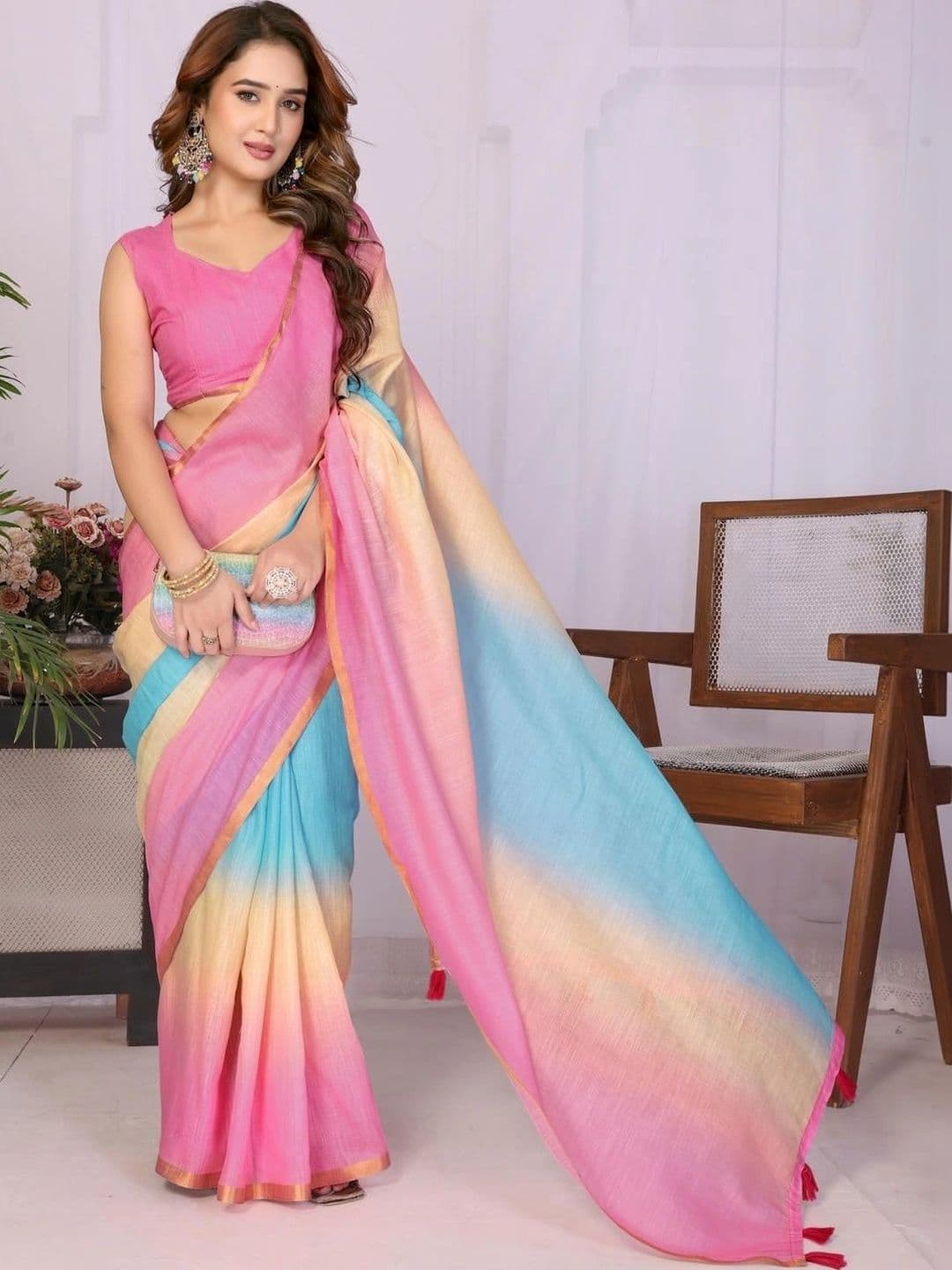 Pixie lane Women Ombre Zari Linen Blend Saree - view 1