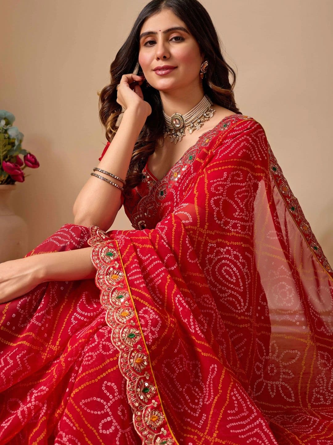 BELADIYA FASHION Bandhani Embroidered Pure Georgette Bandhani Saree thumbnail 5