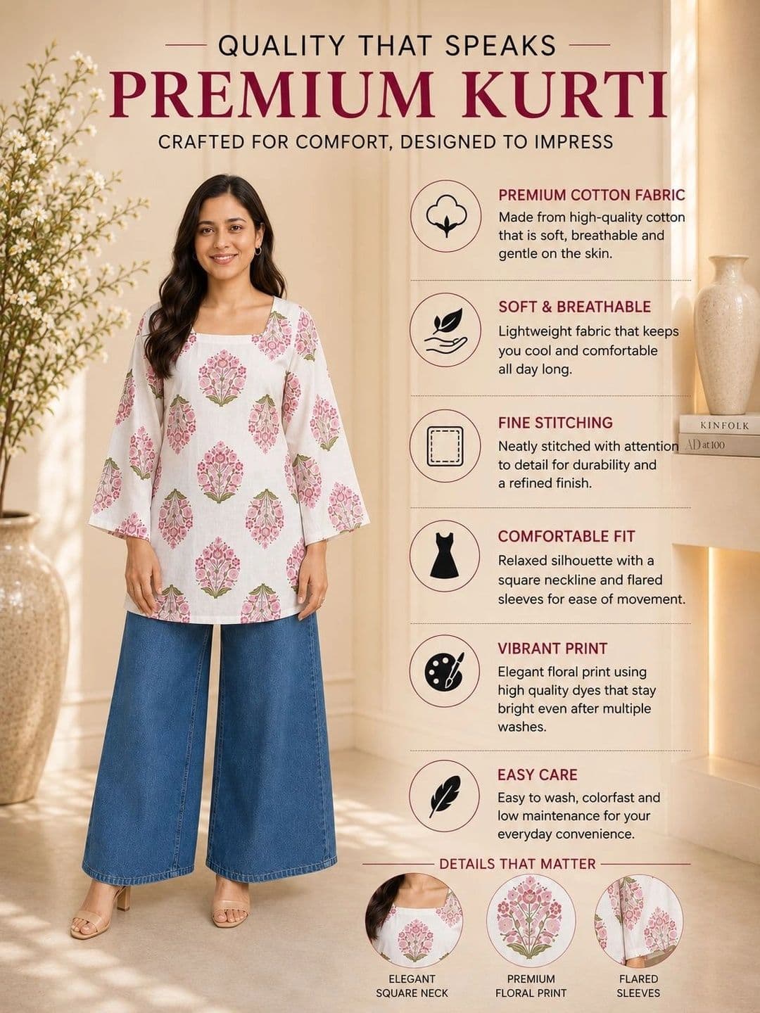 Myshka Floral Printed Square Neck Flared Sleeves Pure Cotton Kurti thumbnail 4