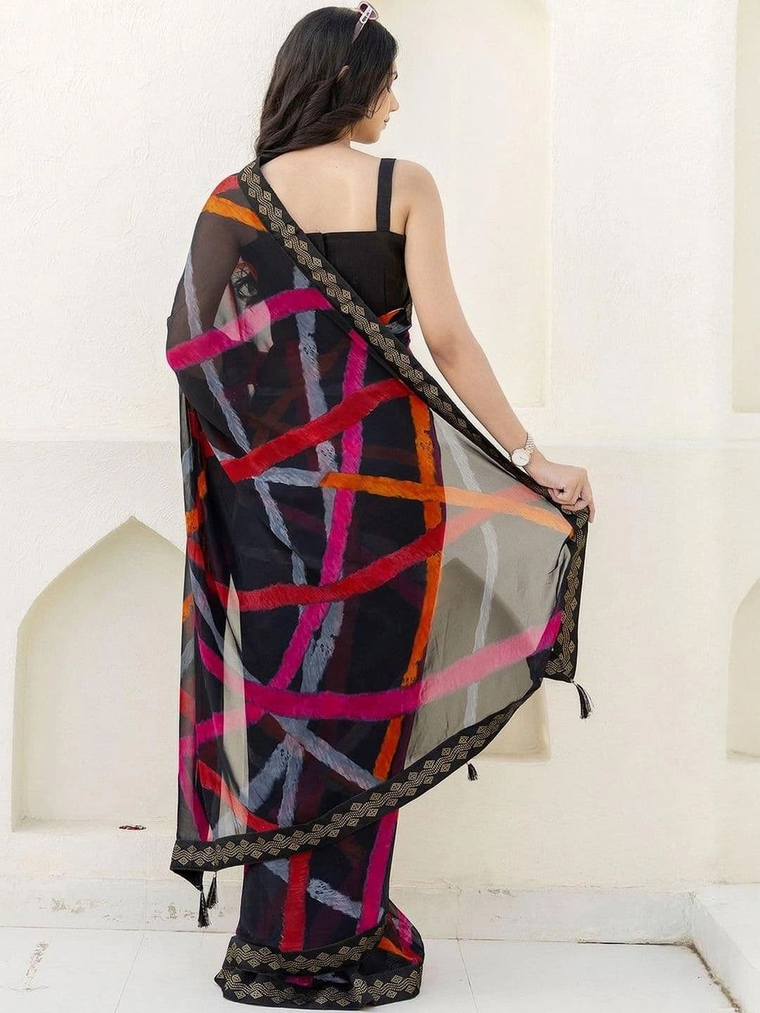 SANISA Striped Pure Georgette Saree thumbnail 7