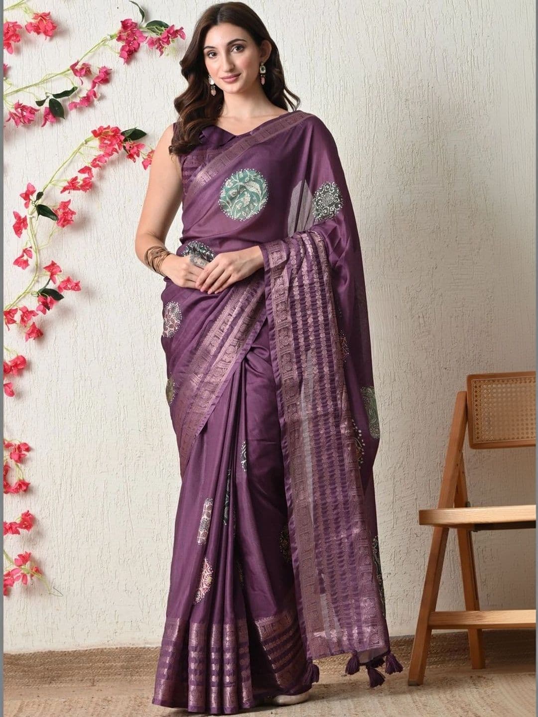 KALINI Ethnic Motifs Zari Silk Cotton Block Print Saree thumbnail 2