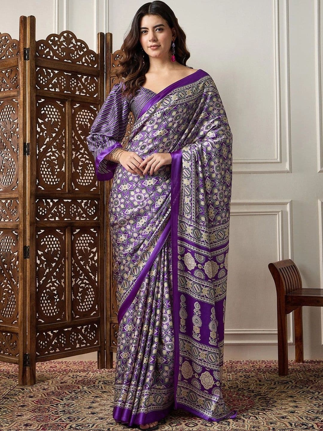 Saree mall Ajrak Block Pure Crepe Designer Block Print Sarees - view 1