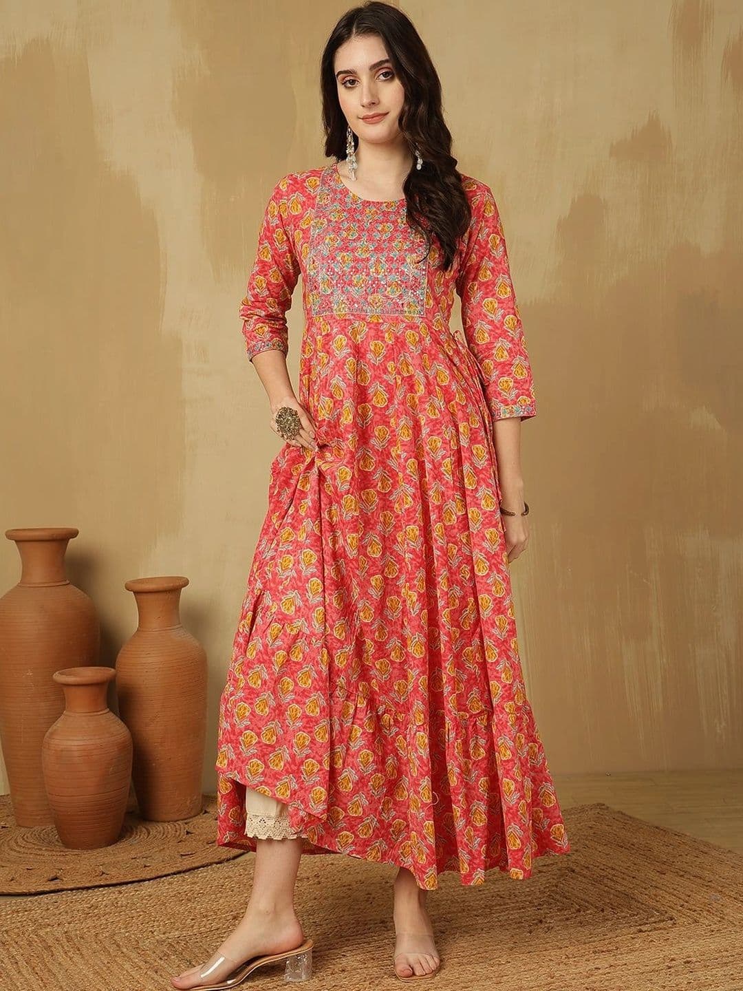 Sangria Women Floral Printed Mirror Work Indie Florals Anarkali Kurta thumbnail 2