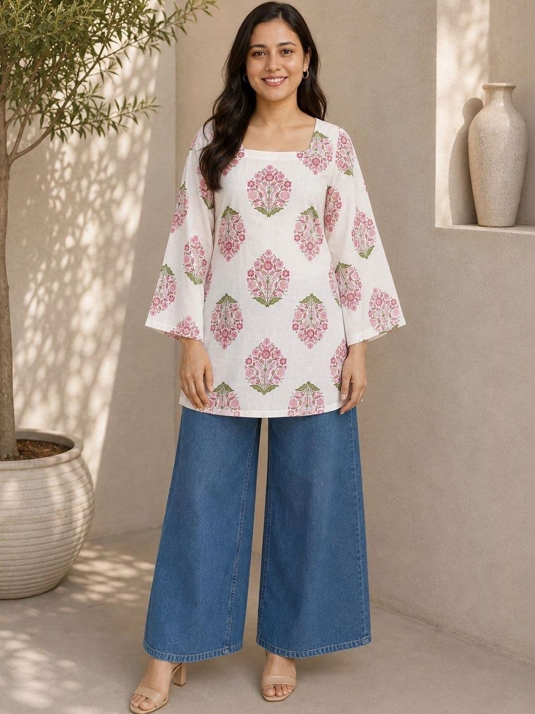 Myshka Floral Printed Square Neck Flared Sleeves Pure Cotton Kurti - view 1