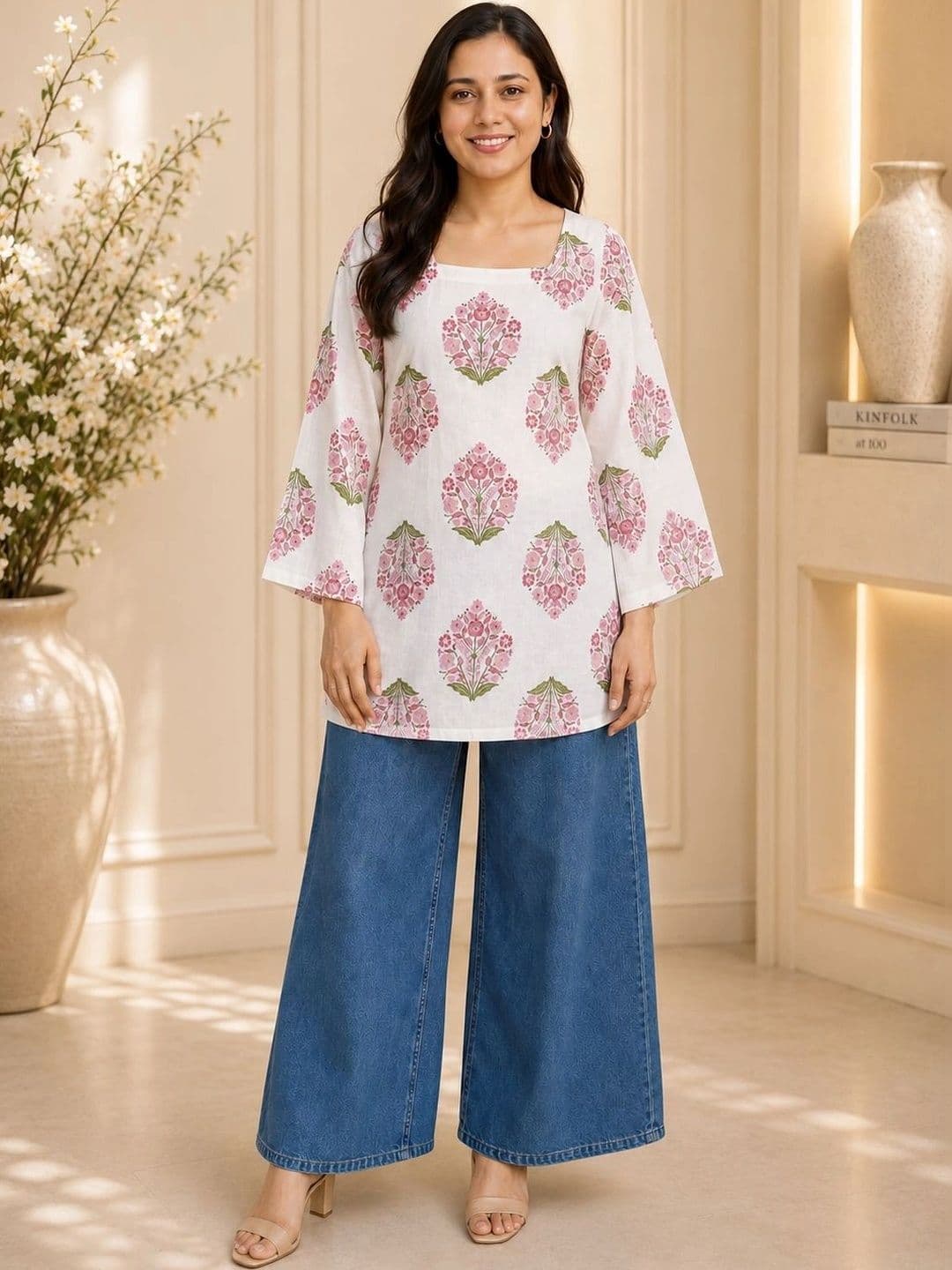 Myshka Floral Printed Square Neck Flared Sleeves Pure Cotton Kurti thumbnail 5