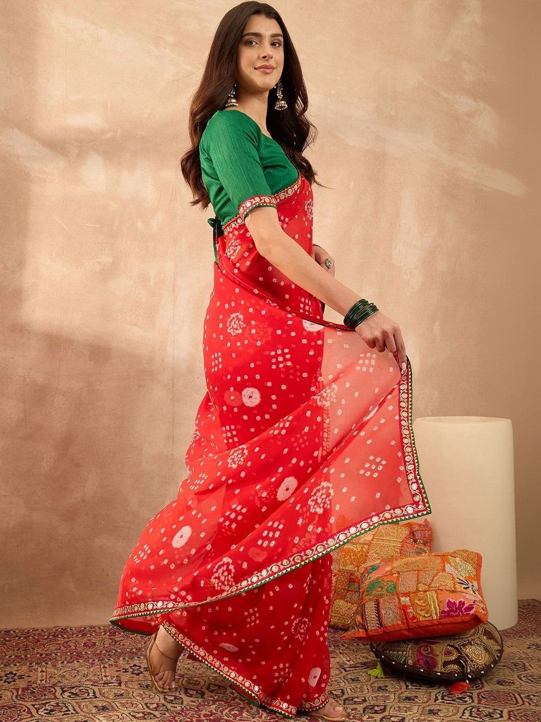 Sangria Bandhani Mirror Work Poly Georgette Designer Bandhani Saree thumbnail 4