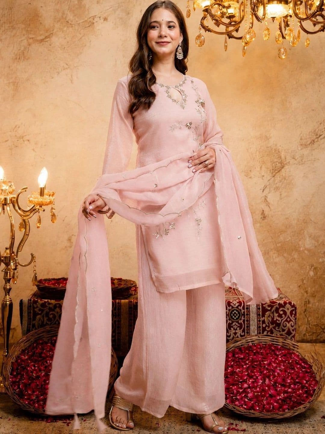 J.KANJI Women Ethnic Motifs Embroidered Regular Thread Work Kurta with Palazzos & With Dupatta thumbnail 2