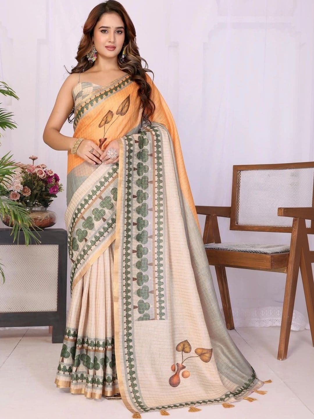 Pixie lane Striped Zari Linen Blend Saree - view 1