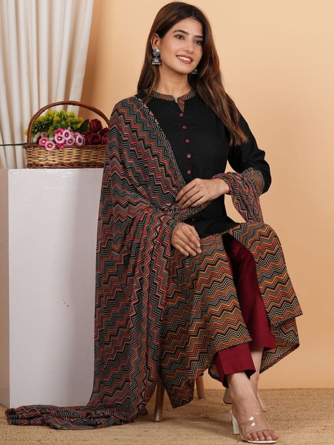 KALINI Geometric Printed Regular Mandarin Collar A-Line Kurta With Dupatta thumbnail 2