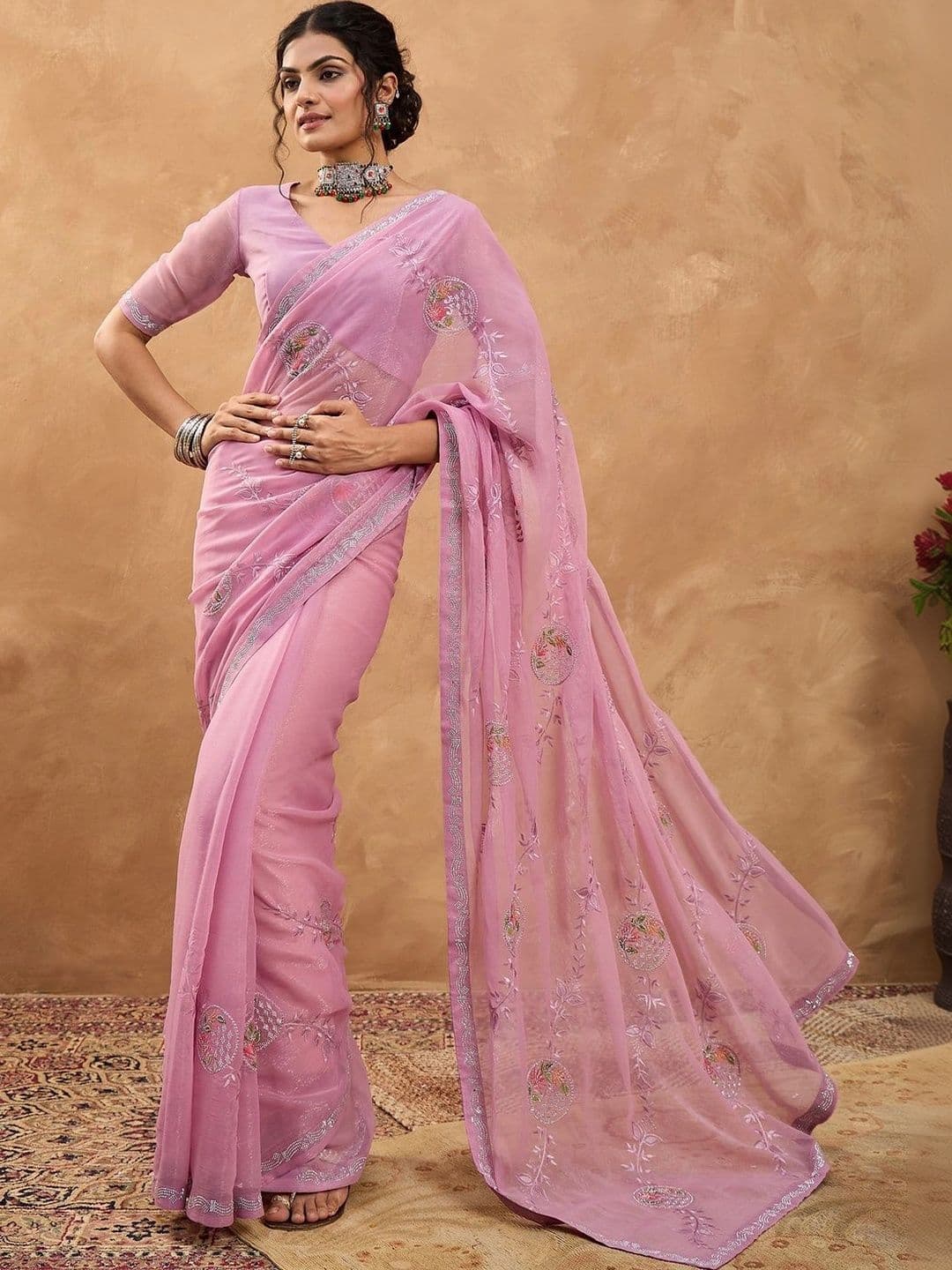 Sangria Floral Embroidered Poly Georgette Designer Saree - view 1
