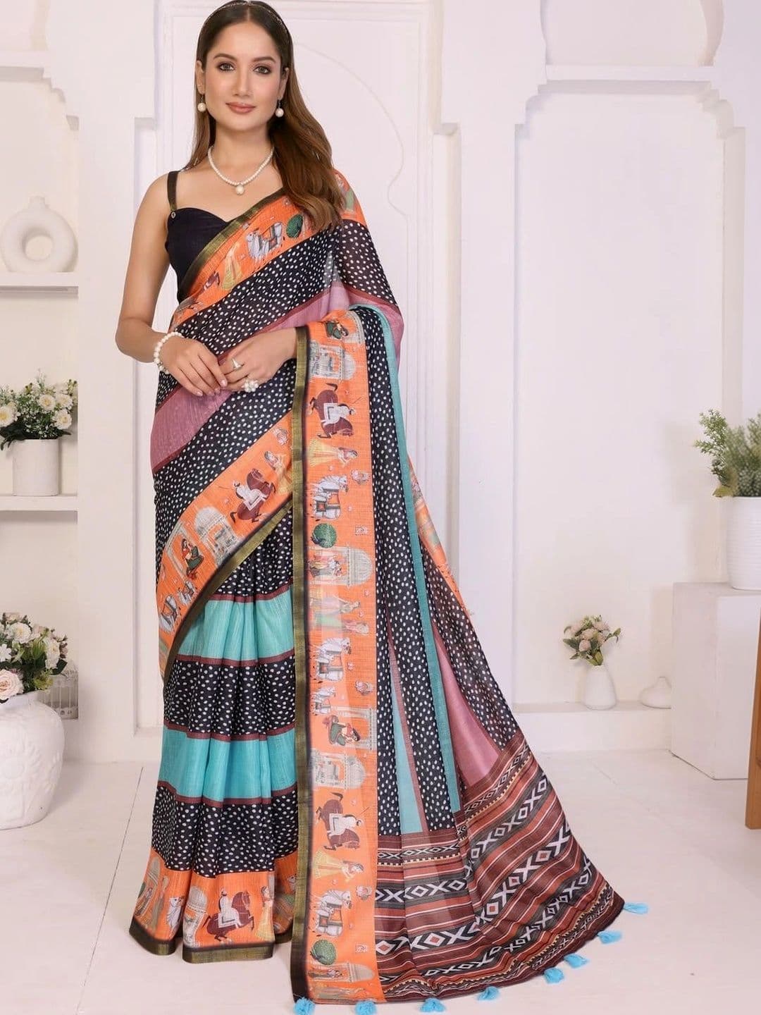 Pixie lane Ethnic Motifs Zari Linen Blend Saree - view 1