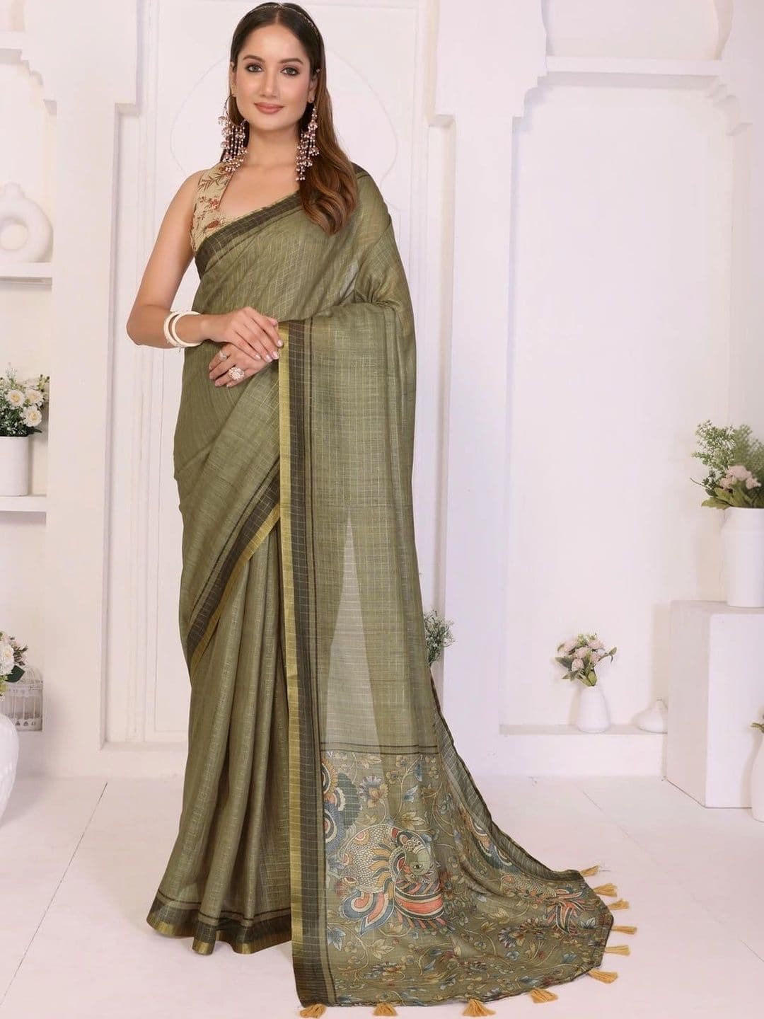 Pixie lane Floral Zari Linen Blend Saree - view 1