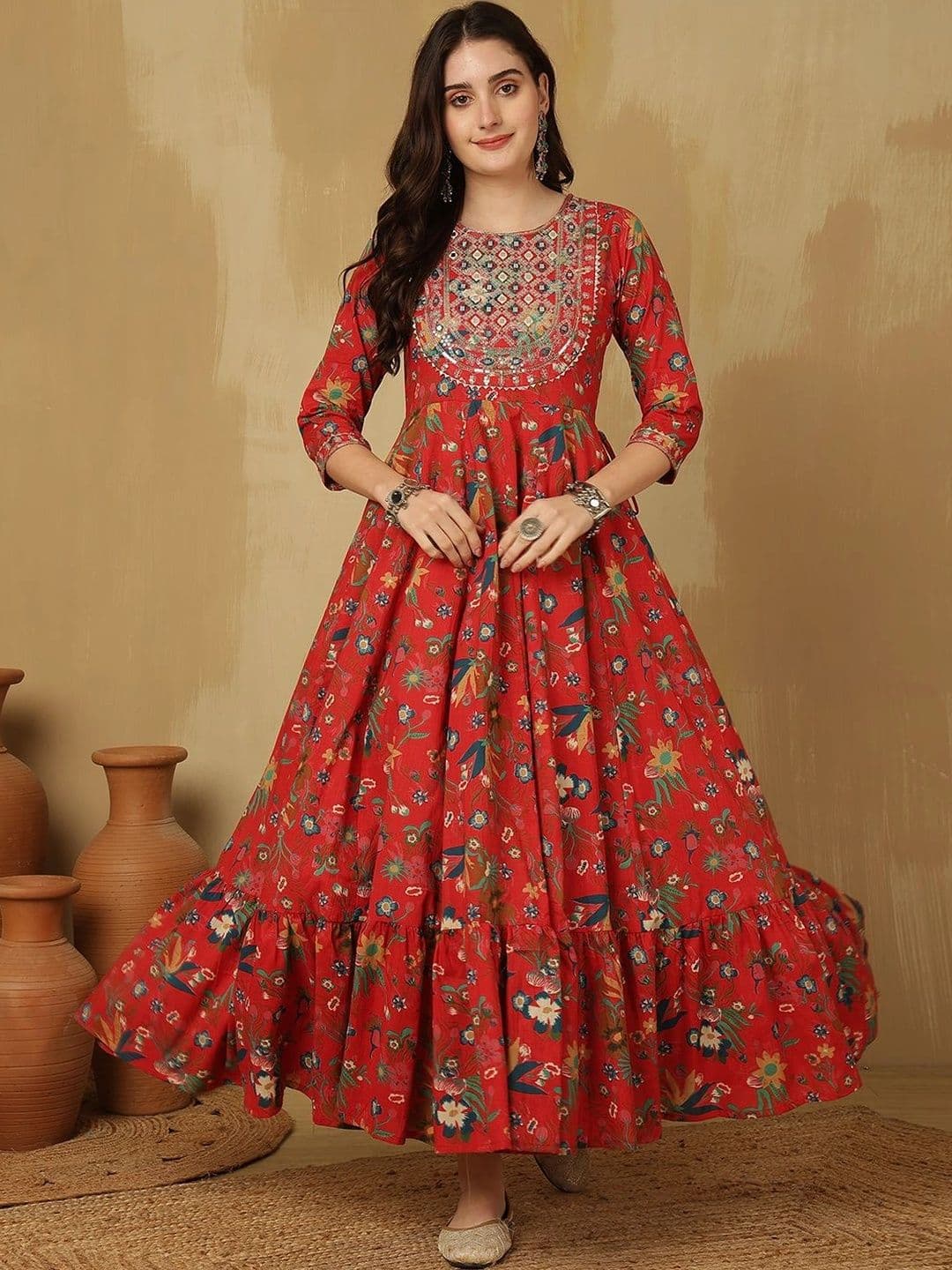 Sangria Women Floral Printed Mirror Work Floral Anarkali Kurta - view 1