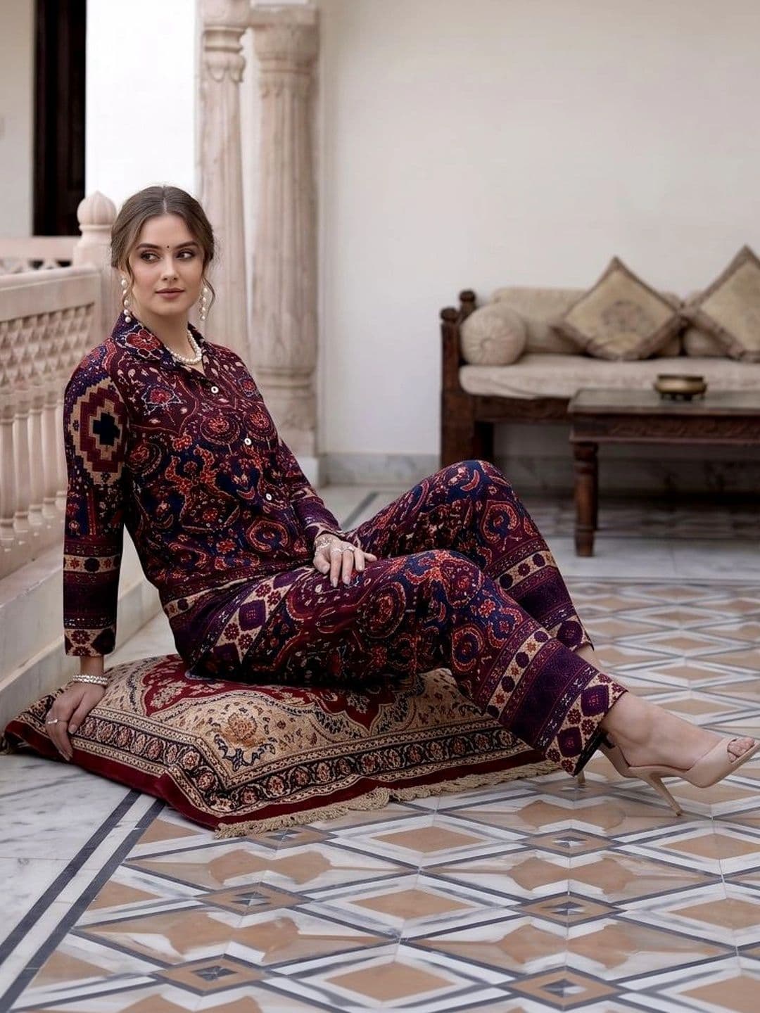 Laasika Maroon Printed Tunic Shirt with Palazzos thumbnail 4