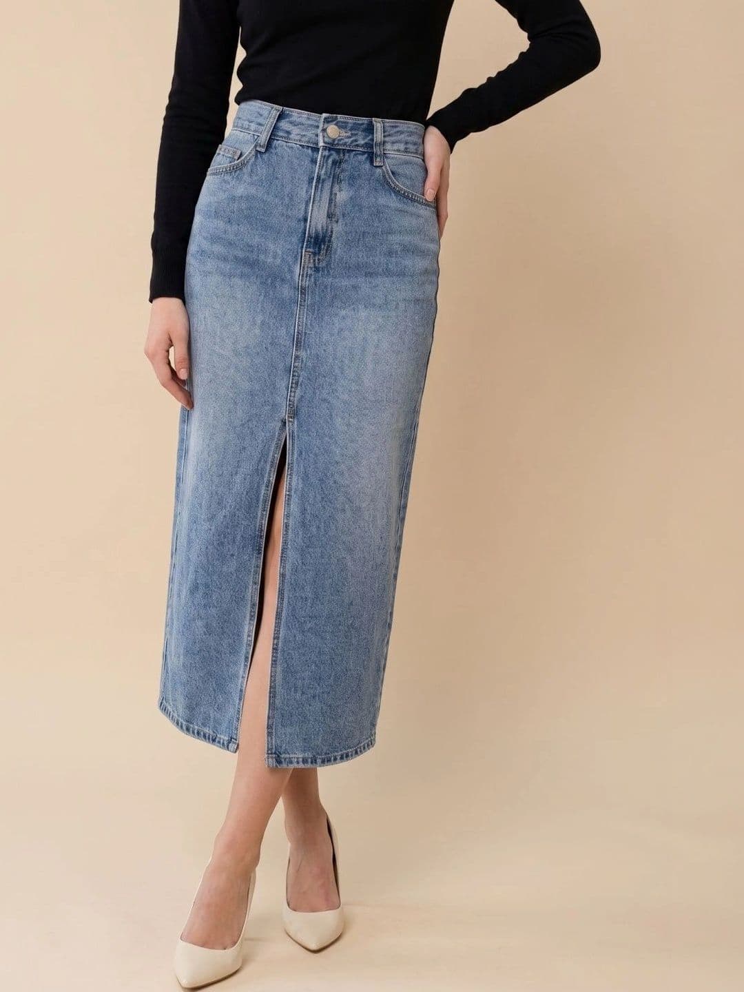 MAKPAK Women Denim Washed Front Slit Midi Straight Skirt - view 1