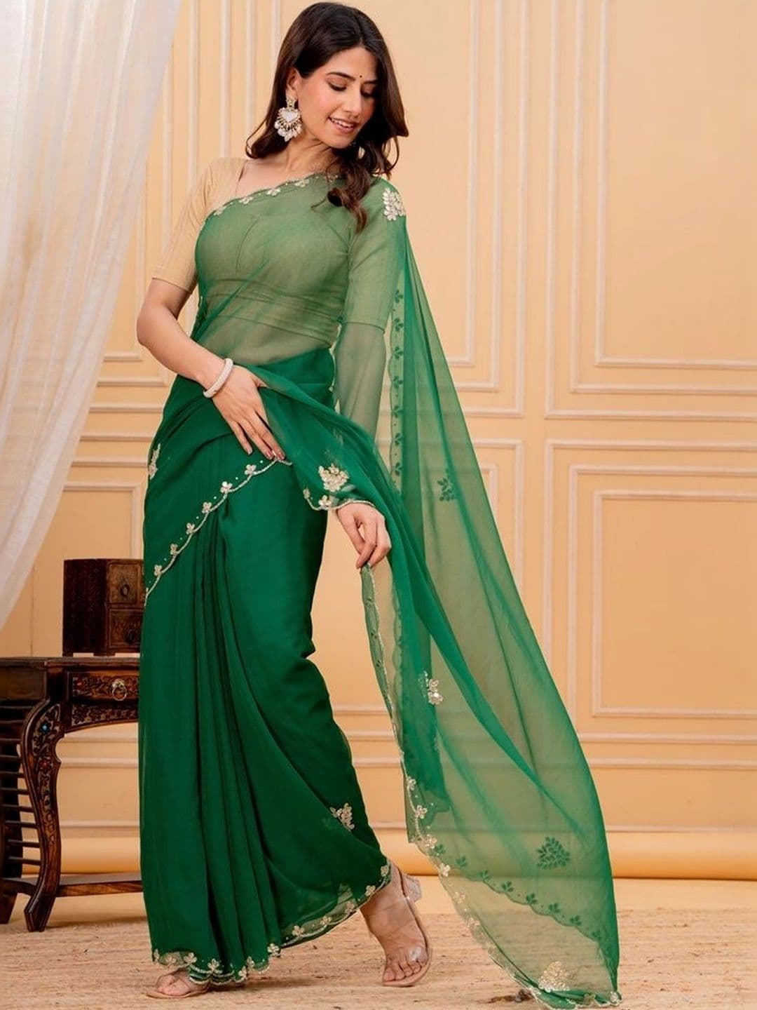 Threads By Tarang Embroidered Pure Georgette Saree thumbnail 3