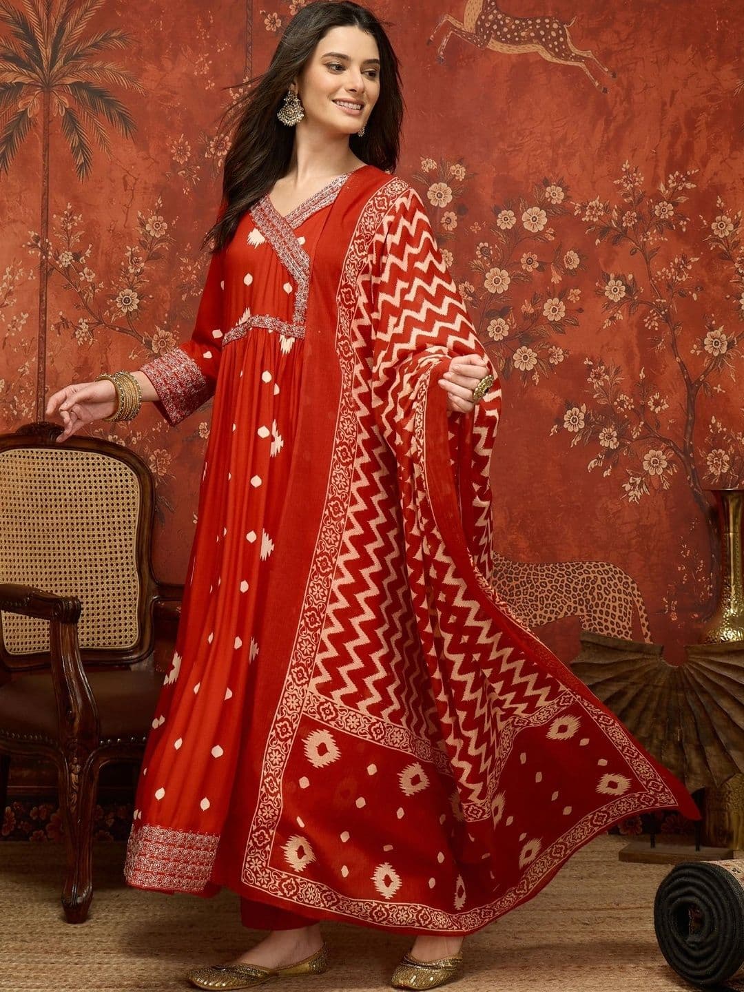 Sangria Women Printed Angrakha Thread Work Kurta with Trousers & With Dupatta thumbnail 5