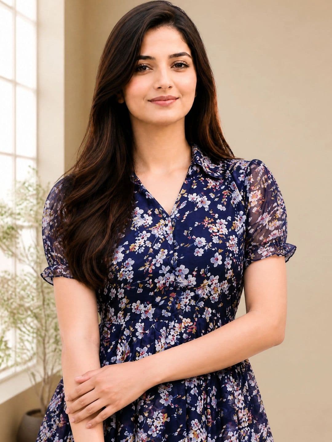 QENA Floral Print Georgette A-Line Midi Dress thumbnail 3