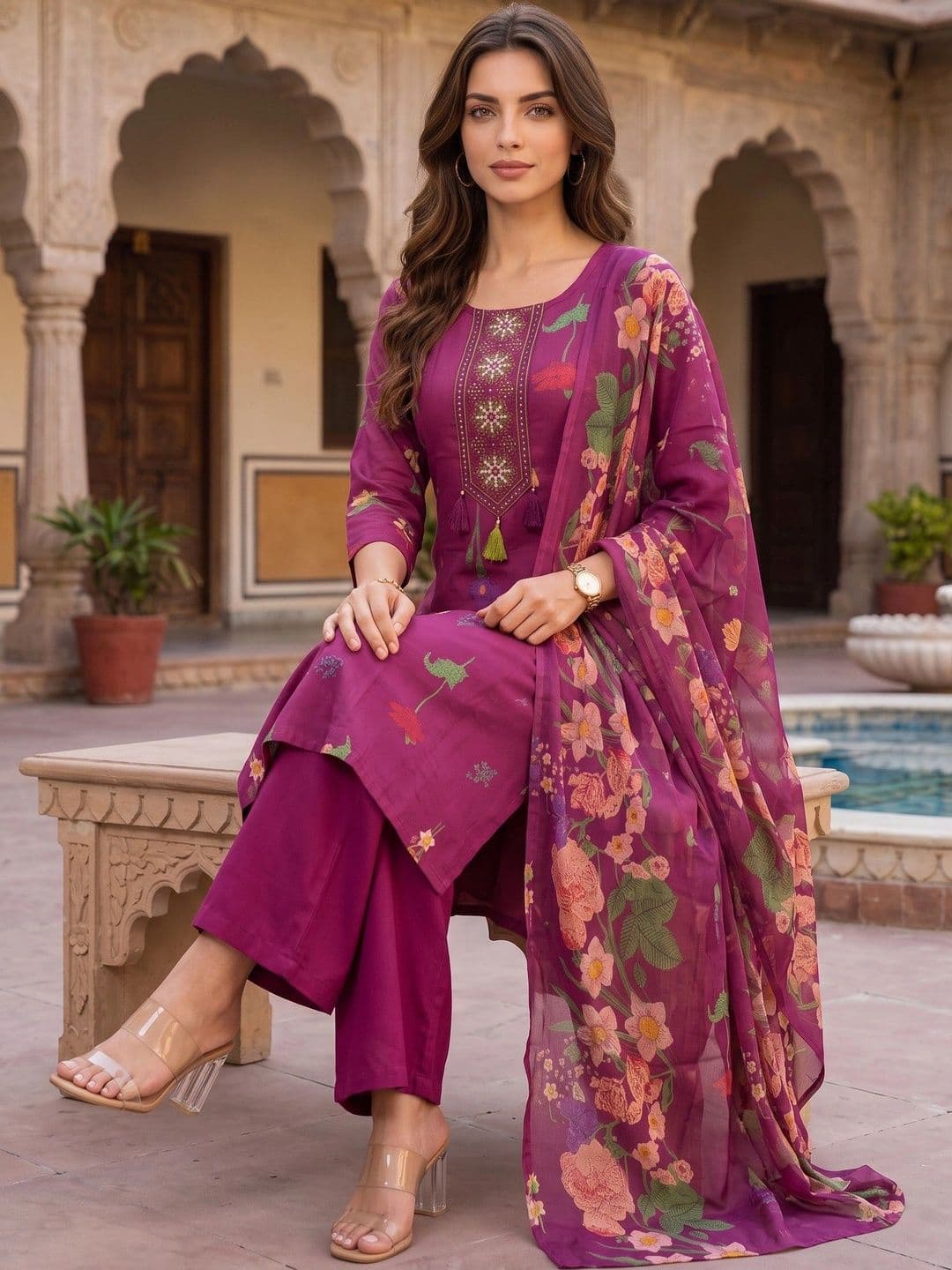 Sangria Women Floral Embroidered Regular Thread Work Pure Cotton Kurta with Palazzos & With Dupatta thumbnail 3