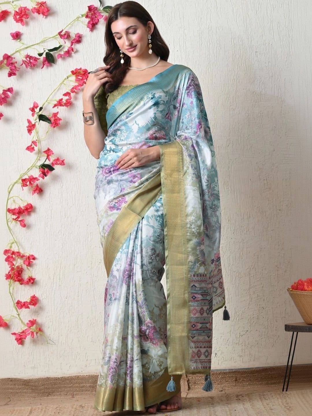 KALINI Women Floral Silk Cotton Saree - view 1