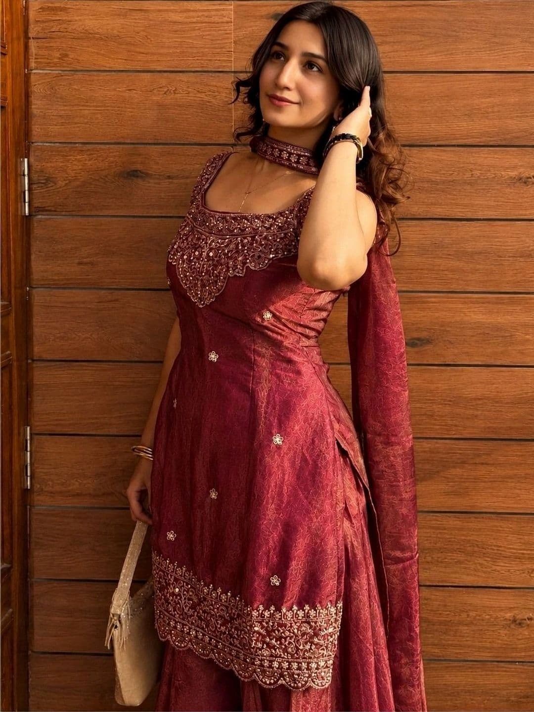 AKSHARAM Women Ethnic Motifs Embroidered Regular Kurta with Sharara & With Dupatta thumbnail 4