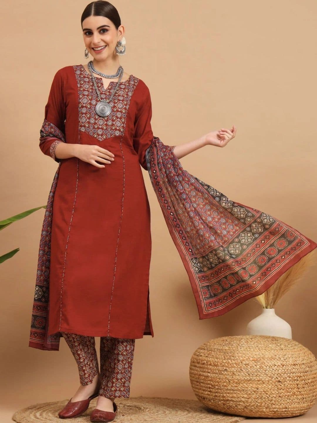 Sangria Women Ethnic Motifs Printed Regular Kurta with Trousers & With Dupatta - view 1