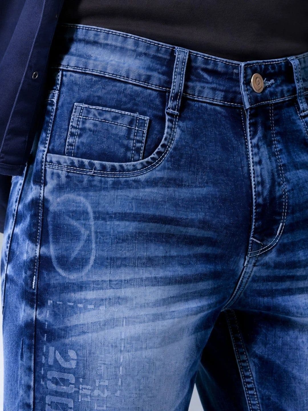 GEX Men Jean Regular Fit Mid-Rise Low Distress Printed Stretchable Jeans thumbnail 5
