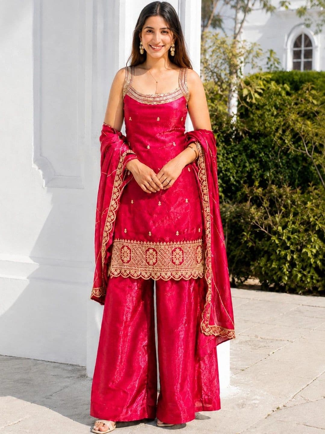 LooksLink Women Ethnic Motifs Embroidered Regular Kurta with Sharara & With Dupatta - view 1