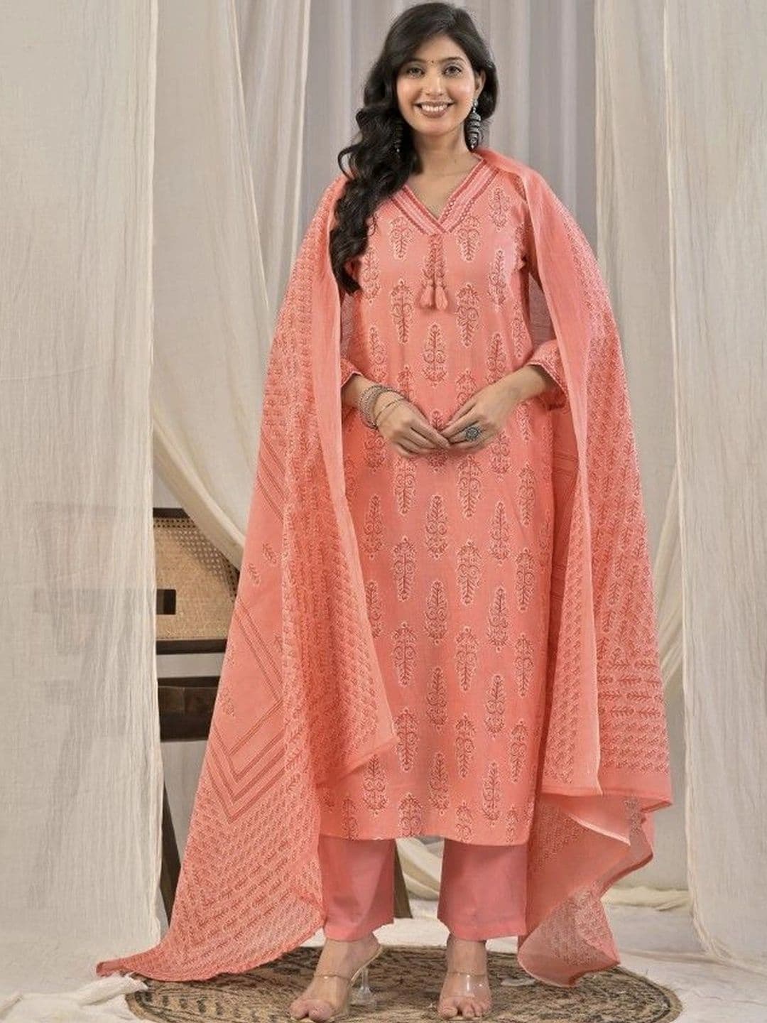 Yashee Women Ethnic Motifs Printed Regular Pure Cotton Kurta with Trousers & With Dupatta thumbnail 3