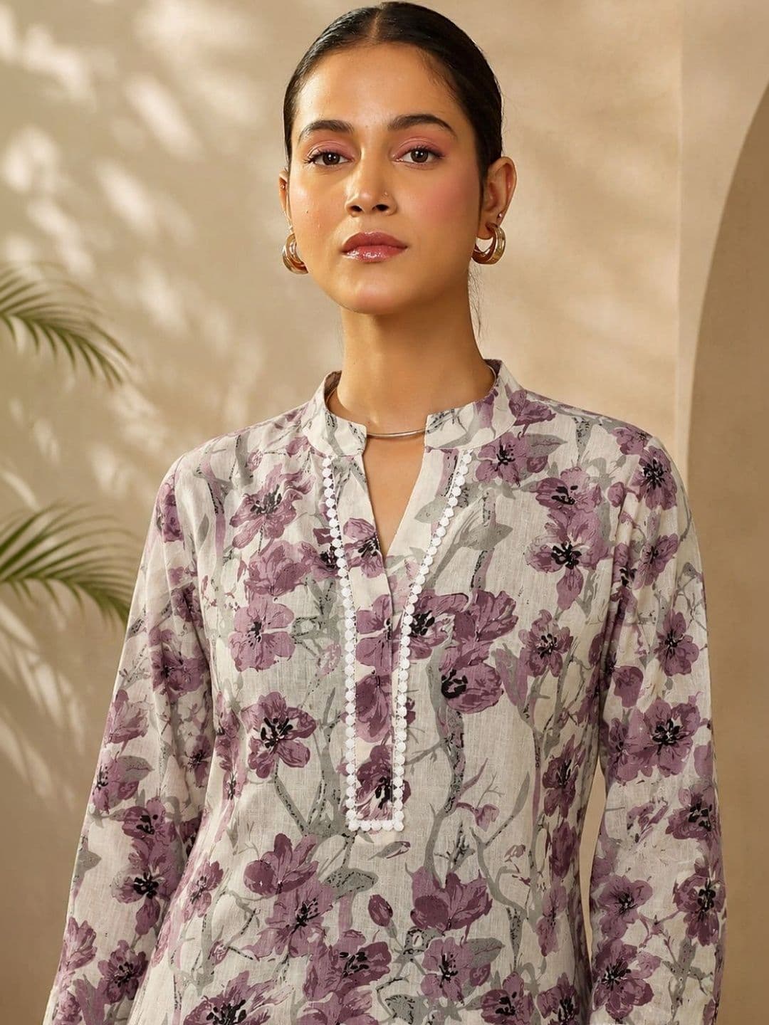 SILCHIC Floral Printed Mandarin Collar Pure Cotton Straight Kurta with Palazzos & Dupatta thumbnail 2