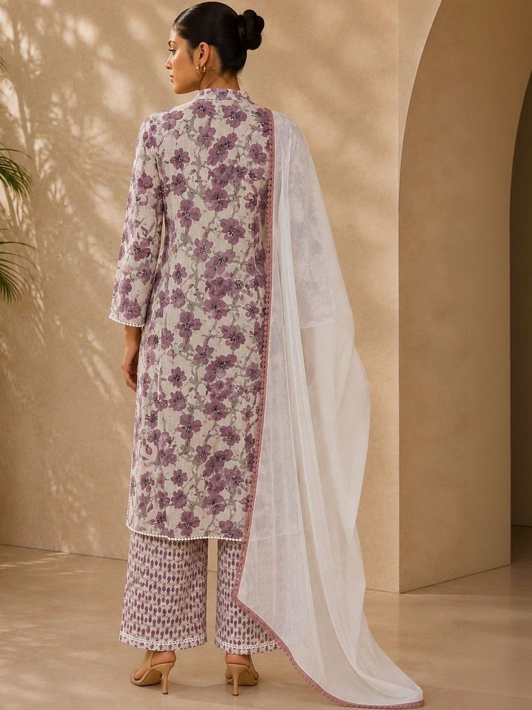 SILCHIC Floral Printed Mandarin Collar Pure Cotton Straight Kurta with Palazzos & Dupatta thumbnail 6