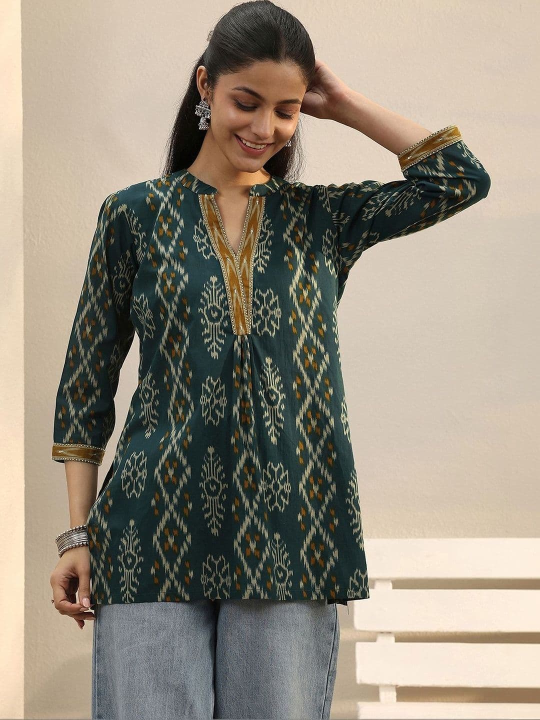 Libas Green Ethnic Printed Cotton A-Line Short Kurti thumbnail 2