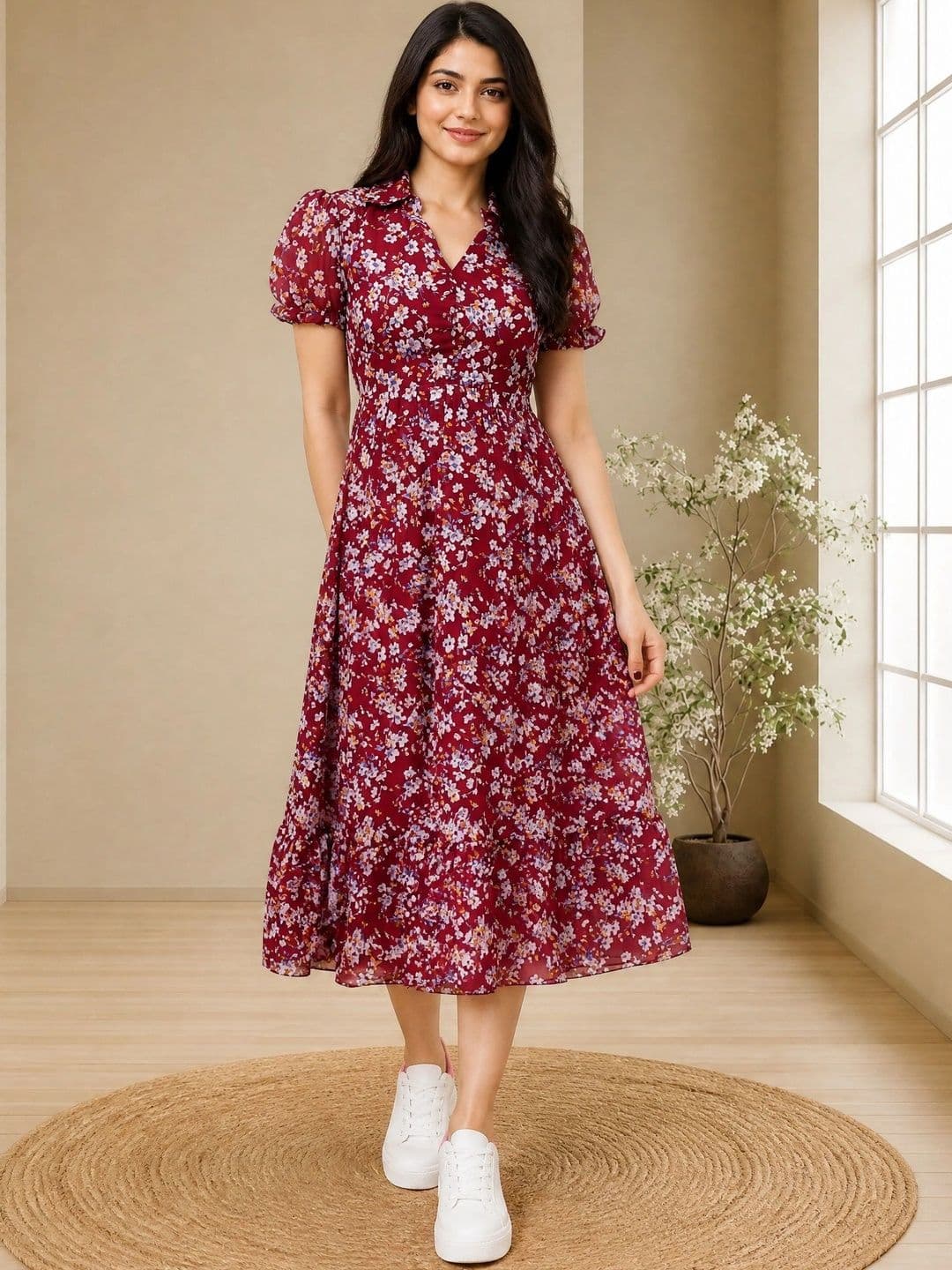 QENA Floral Print Puff Sleeve Ruffled Georgette A-Line Midi Dress - view 1
