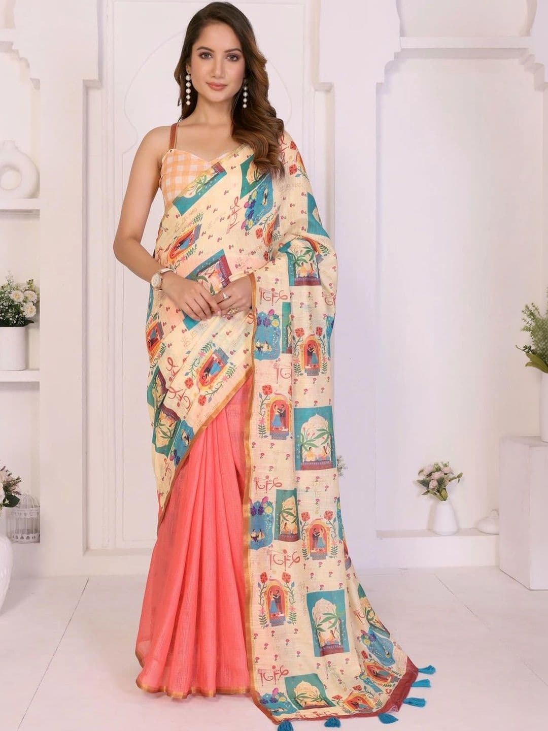 Pixie lane Women Ethnic Motifs Zari Linen Blend Saree - view 1