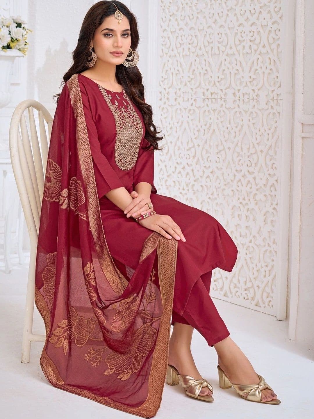 Sangria Women Ethnic Motifs Embroidered Regular Kurta with Trousers & With Dupatta thumbnail 3