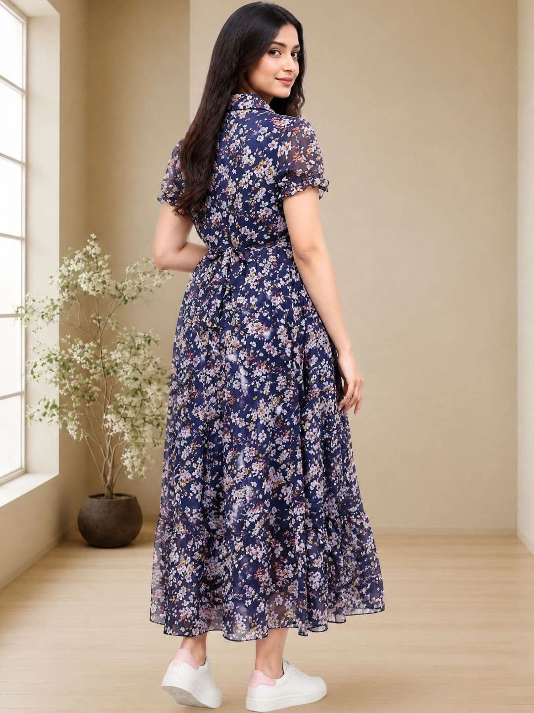 QENA Floral Print Georgette A-Line Midi Dress thumbnail 2