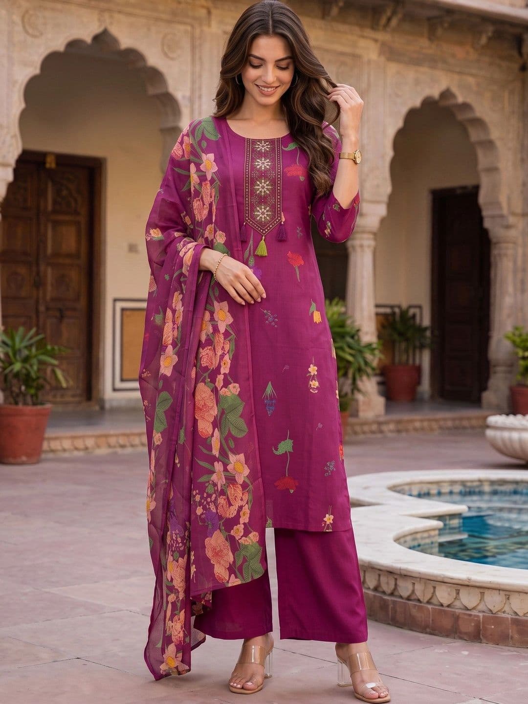 Sangria Women Floral Embroidered Regular Thread Work Pure Cotton Kurta with Palazzos & With Dupatta - view 1
