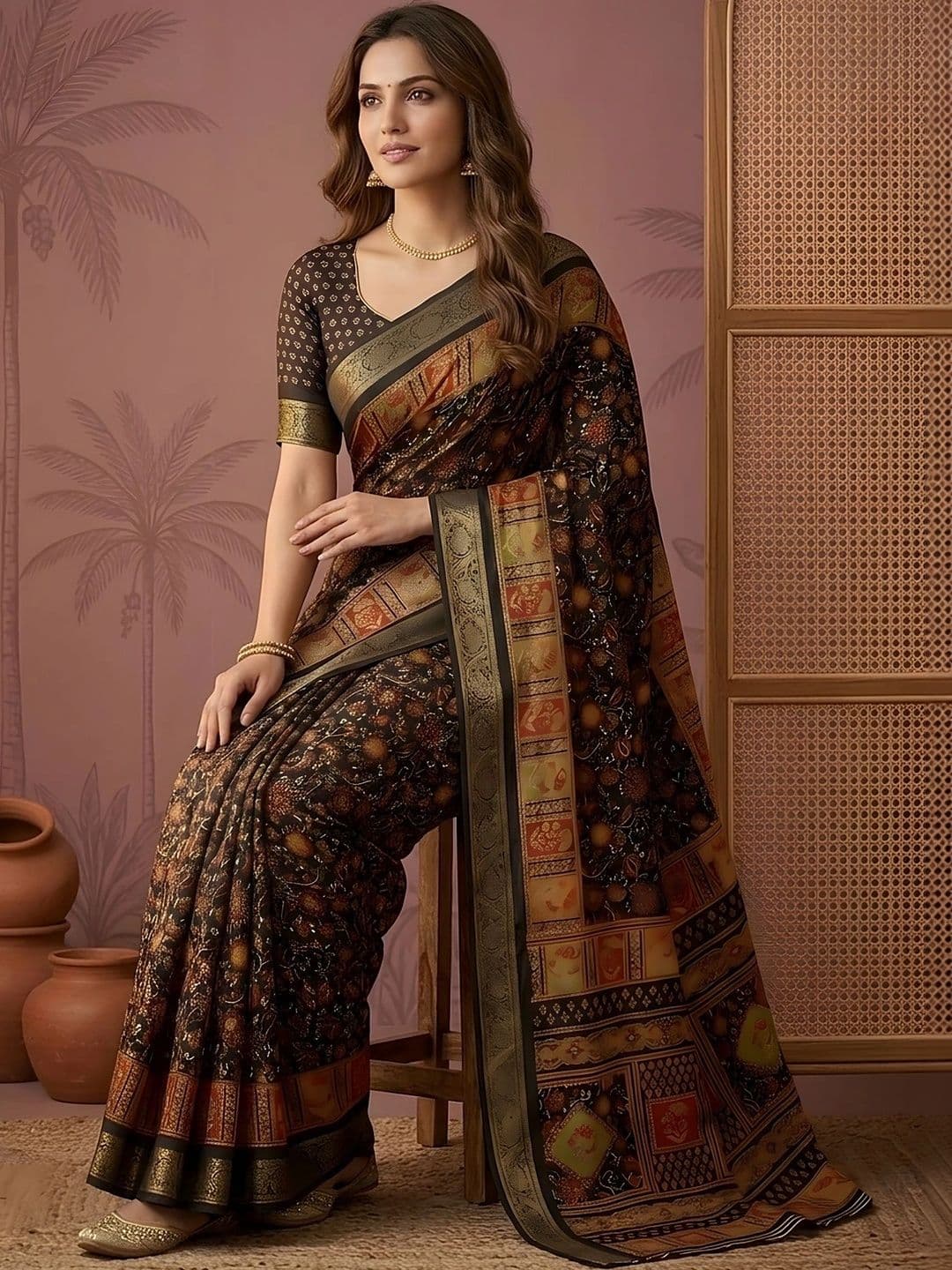 Sangria Floral Silk Blend Saree thumbnail 3