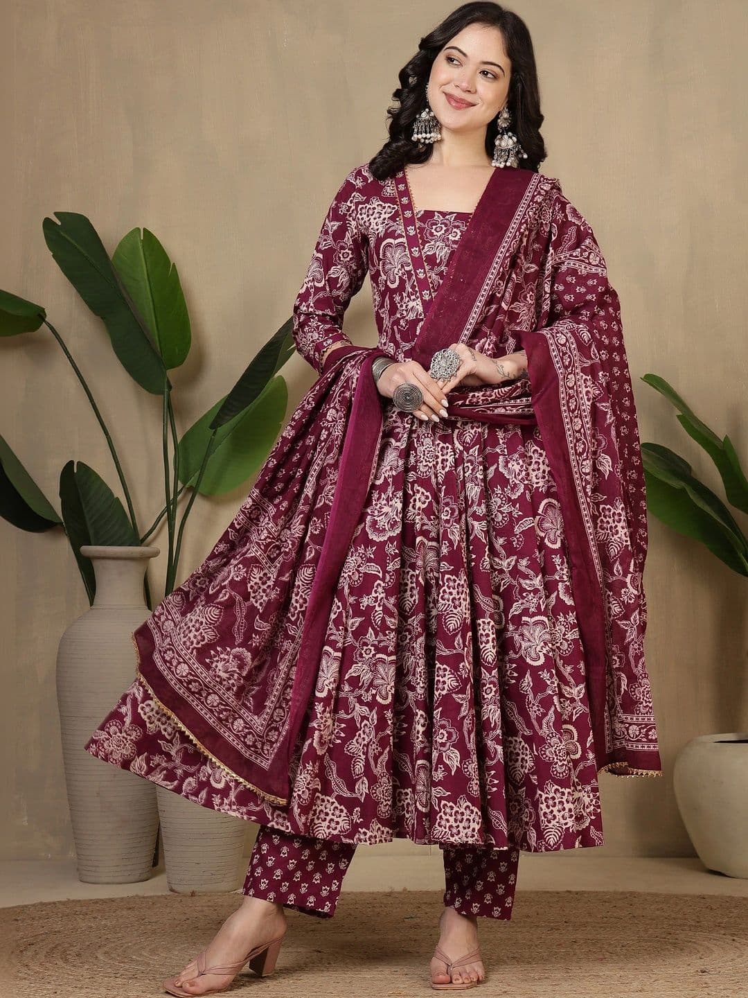 Sangria Women Ethnic Motifs Printed Regular Pure Cotton Kurta with Trousers & With Dupatta - view 1
