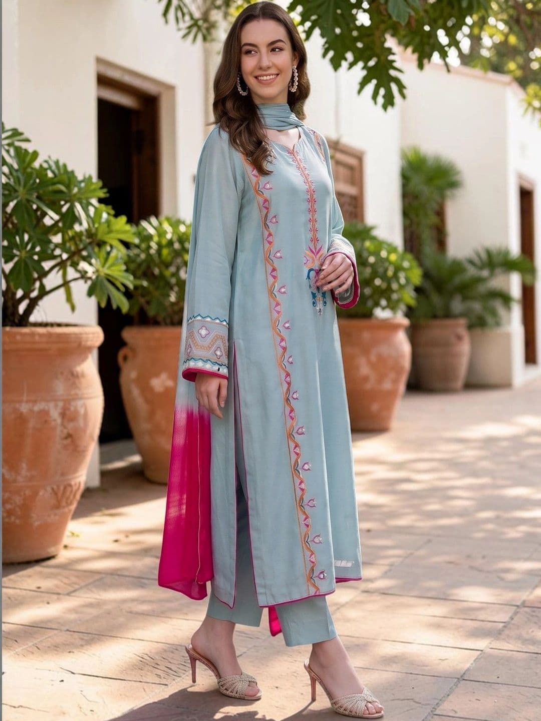 TASRIKA Ethnic Motifs Embroidered Thread Work Silk Crepe Kurta with Trousers & Dupatta thumbnail 4