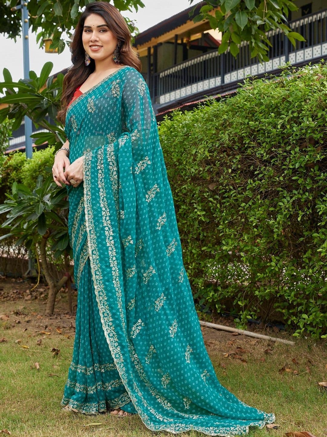 Mitera Bandhani Embroidered Pure Georgette Designer Saree thumbnail 2