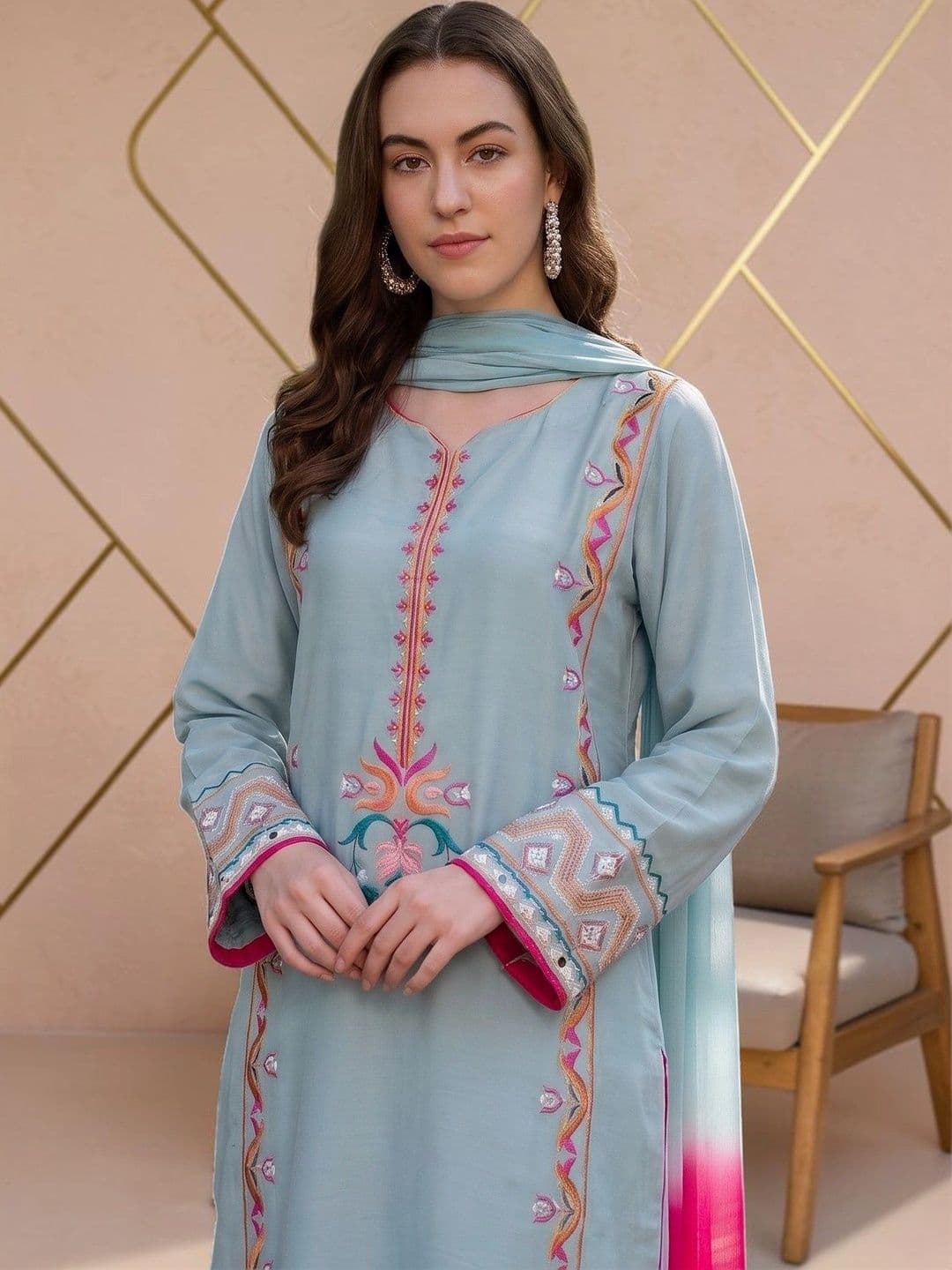 all about you Women Ethnic Motifs Embroidered Silk Crepe Kurta with Trousers & Dupatta thumbnail 6