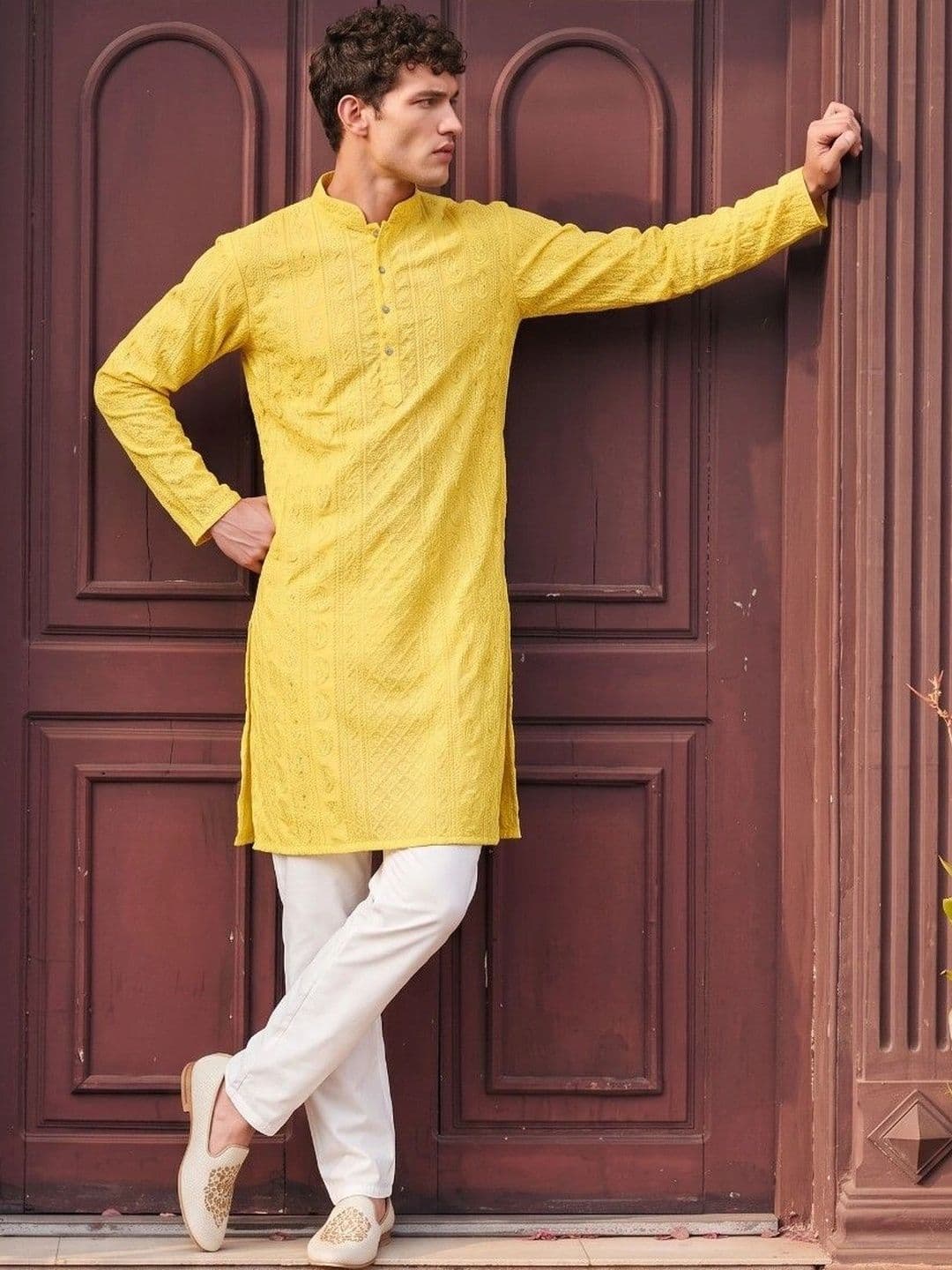 DRIP CHOWK Men Ethnic Motifs Embroidered Chikankari Georgette Kurta thumbnail 5