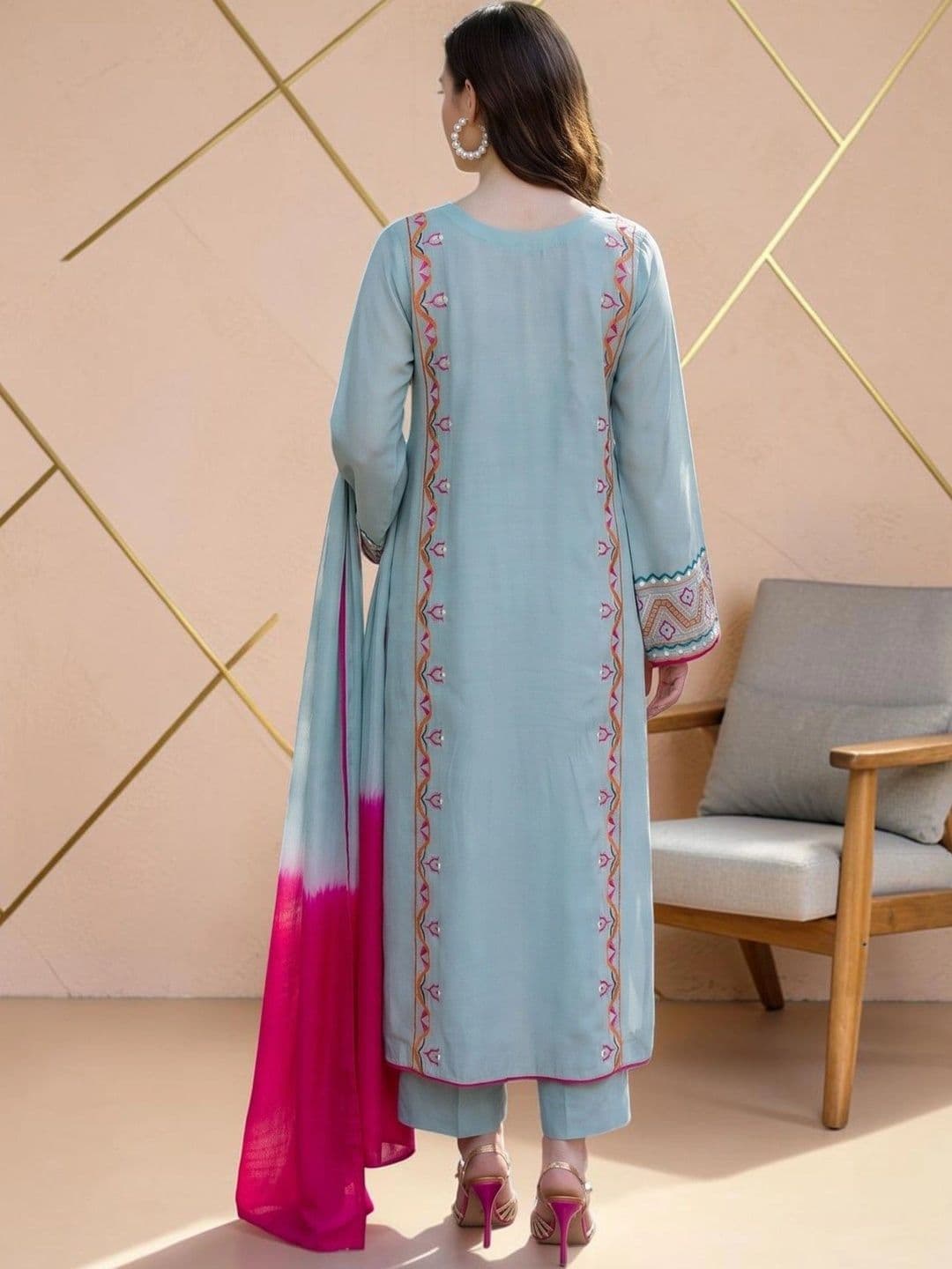 all about you Women Ethnic Motifs Embroidered Silk Crepe Kurta with Trousers & Dupatta thumbnail 7