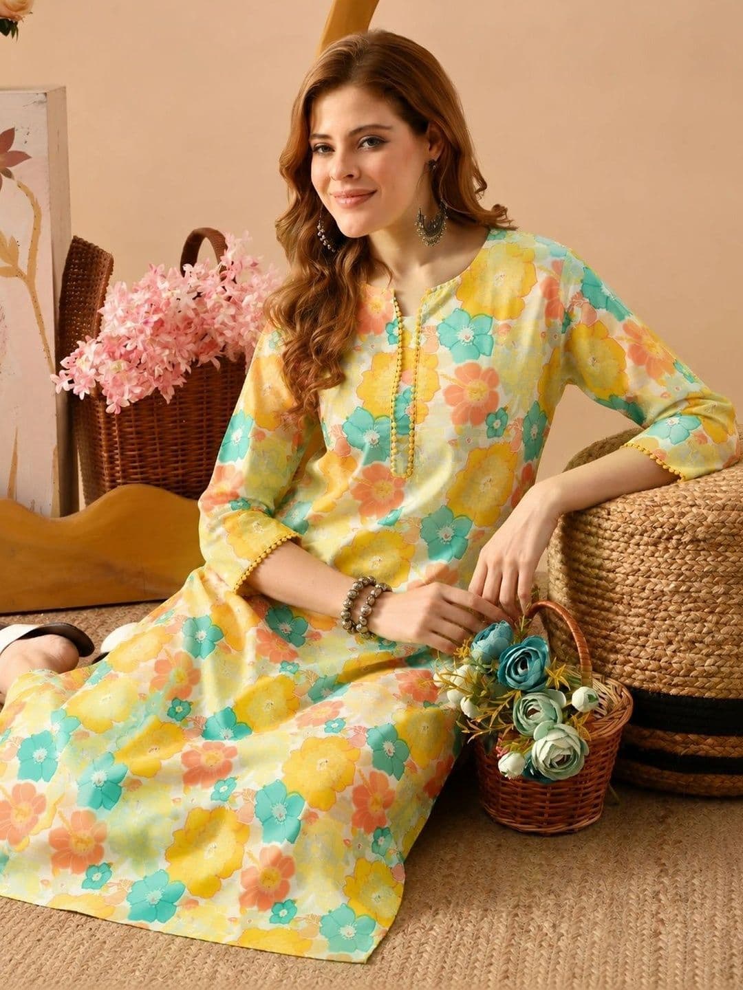 PHYSIL Women Floral Printed Regular Pure Cotton Kurta with Trousers thumbnail 2