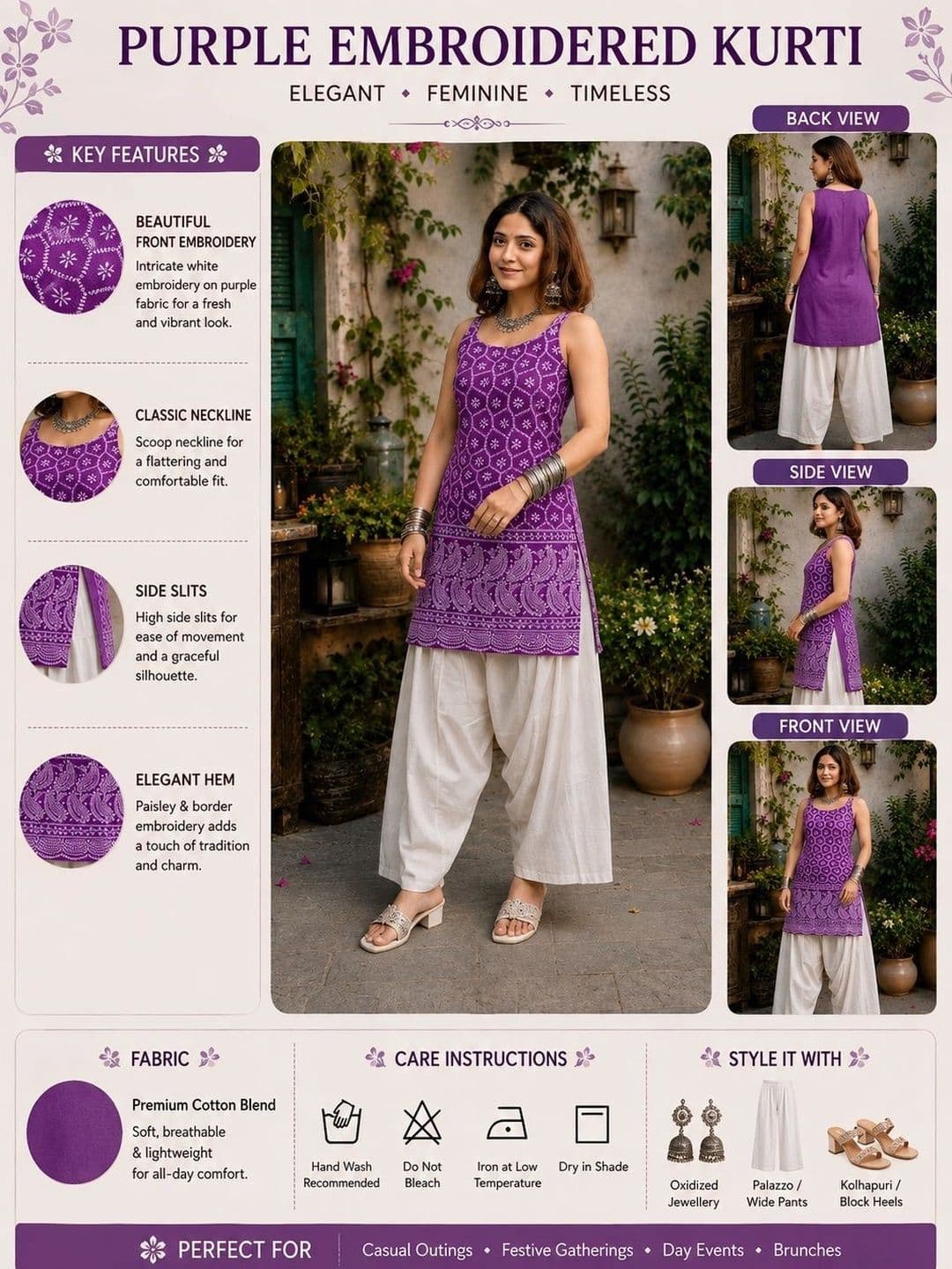 HERE&NOW Women Ethnic Motifs Printed Regular Pure Cotton Kurti with Patiala thumbnail 2