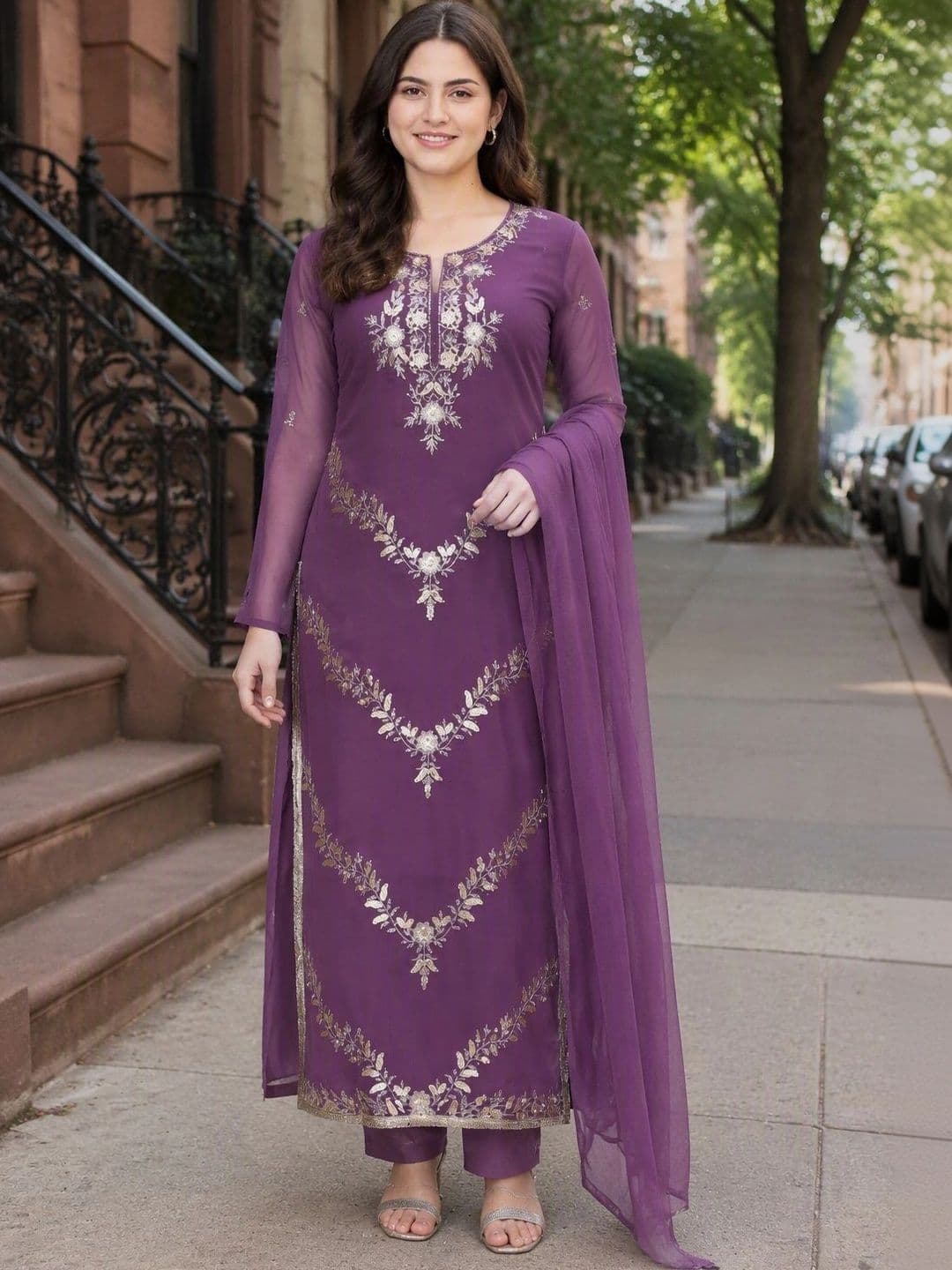 all about you Women Ethnic Motifs Embroidered Straight Kurta with Trousers & Dupatta thumbnail 5